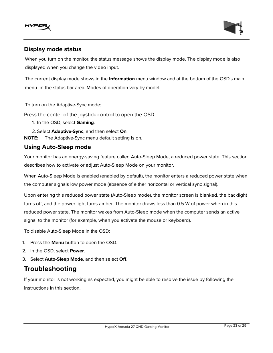 Display mode status, Using auto-sleep mode, Troubleshooting | Solving common issues | HyperX Armada 27 27" 1440p HDR 165 Hz Gaming Monitor User Manual | Page 24 / 487