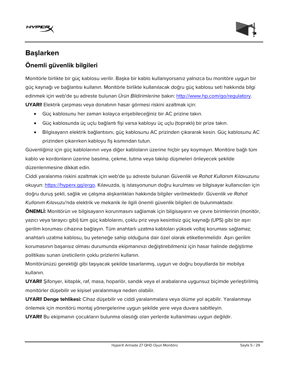 Başlarken, Önemli güvenlik bilgileri | HyperX Armada 27 27" 1440p HDR 165 Hz Gaming Monitor User Manual | Page 248 / 487