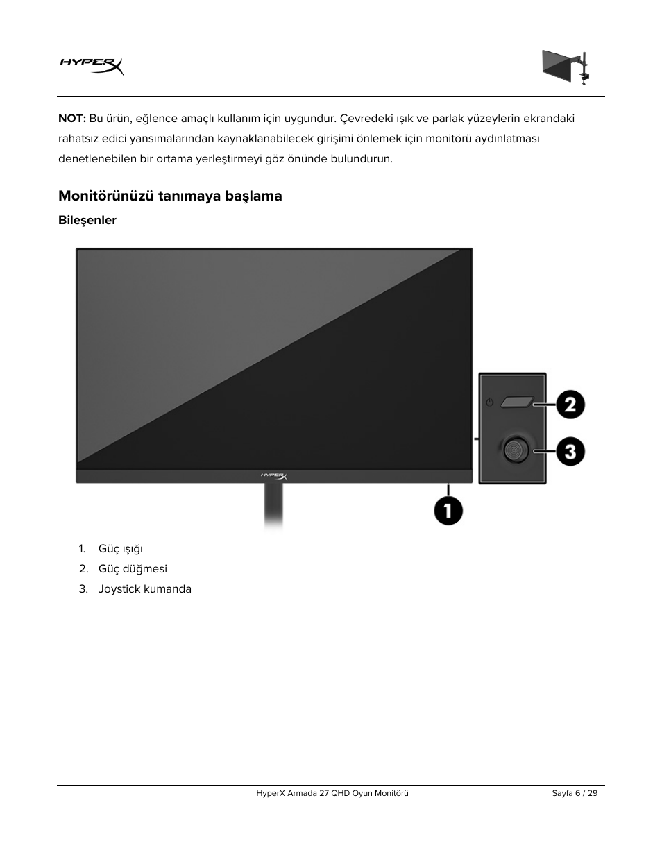 Monitörünüzü tanımaya başlama, Bileşenler | HyperX Armada 27 27" 1440p HDR 165 Hz Gaming Monitor User Manual | Page 249 / 487