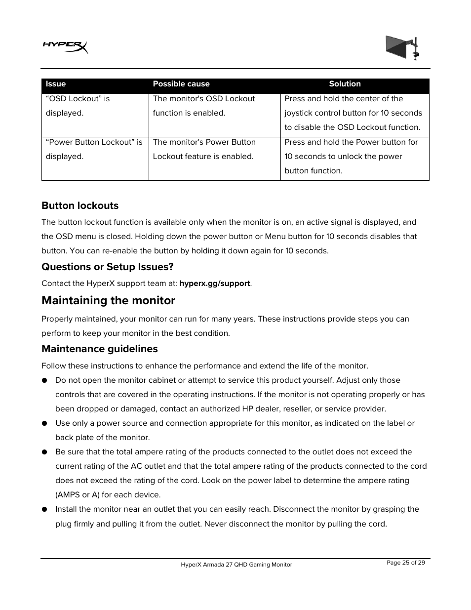 Button lockouts, Questions or setup issues, Maintaining the monitor | Maintenance guidelines | HyperX Armada 27 27" 1440p HDR 165 Hz Gaming Monitor User Manual | Page 26 / 487
