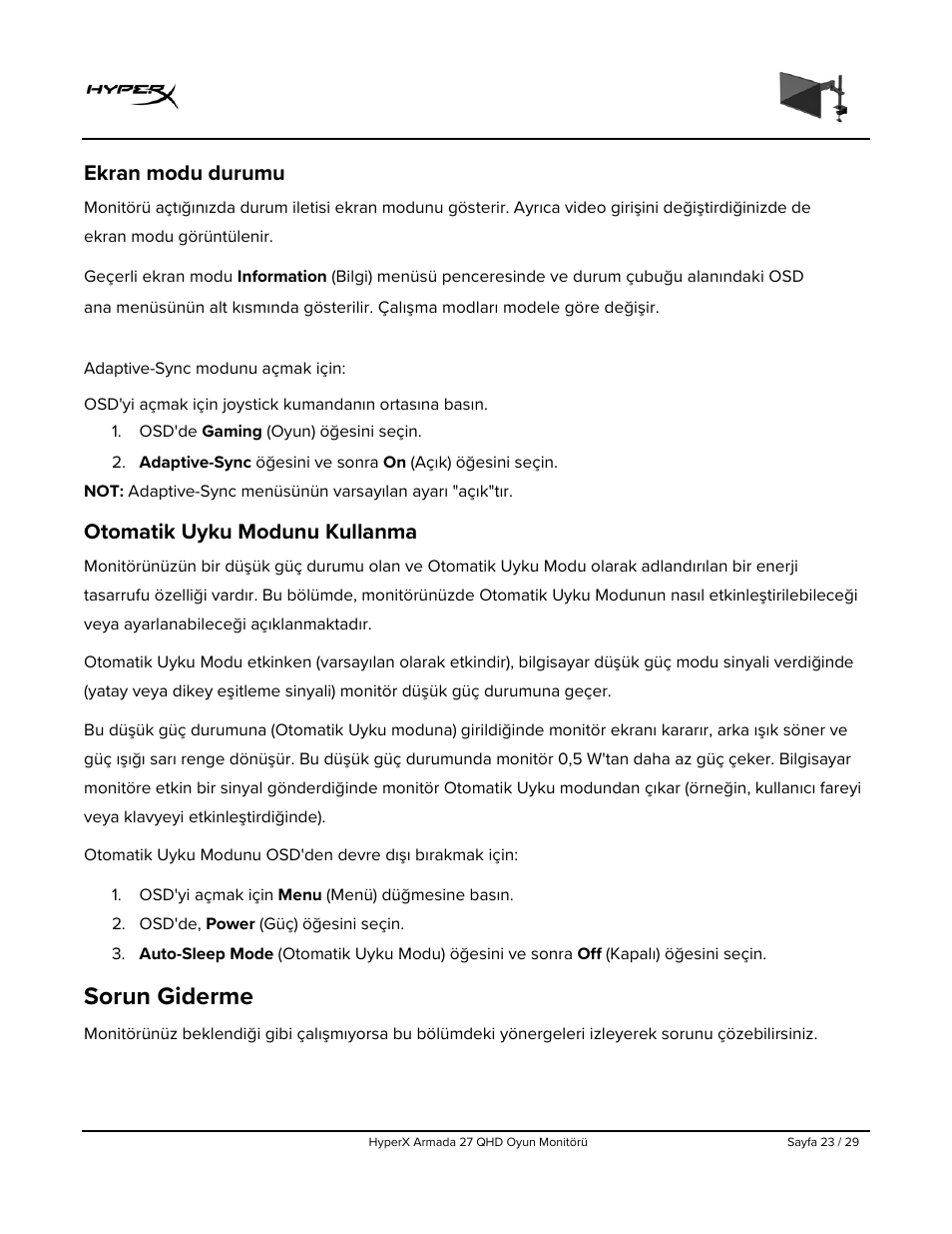 Ekran modu durumu, Otomatik uyku modunu kullanma, Sorun giderme | HyperX Armada 27 27" 1440p HDR 165 Hz Gaming Monitor User Manual | Page 266 / 487