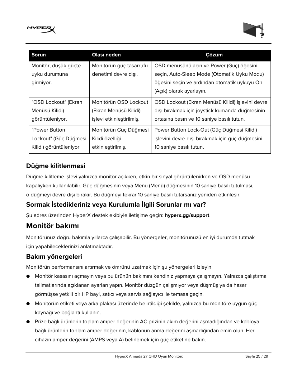Düğme kilitlenmesi, Monitör bakımı, Bakım yönergeleri | HyperX Armada 27 27" 1440p HDR 165 Hz Gaming Monitor User Manual | Page 268 / 487