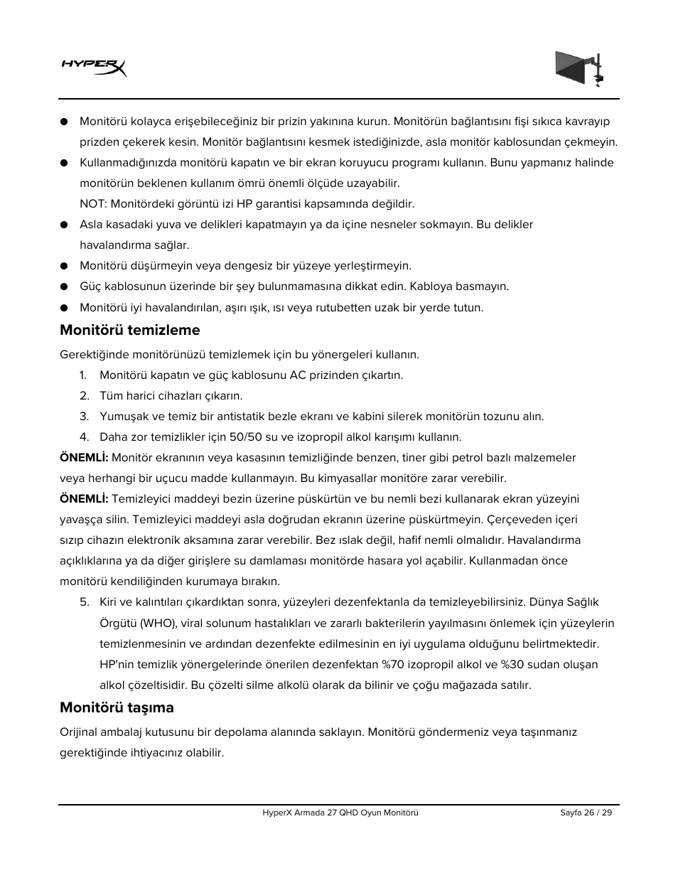 Monitörü temizleme, Monitörü taşıma | HyperX Armada 27 27" 1440p HDR 165 Hz Gaming Monitor User Manual | Page 269 / 487