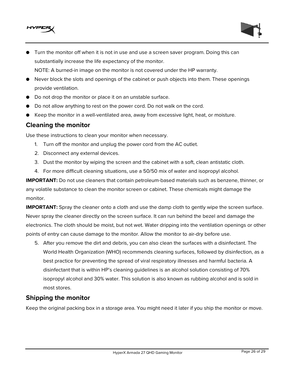 Cleaning the monitor, Shipping the monitor | HyperX Armada 27 27" 1440p HDR 165 Hz Gaming Monitor User Manual | Page 27 / 487