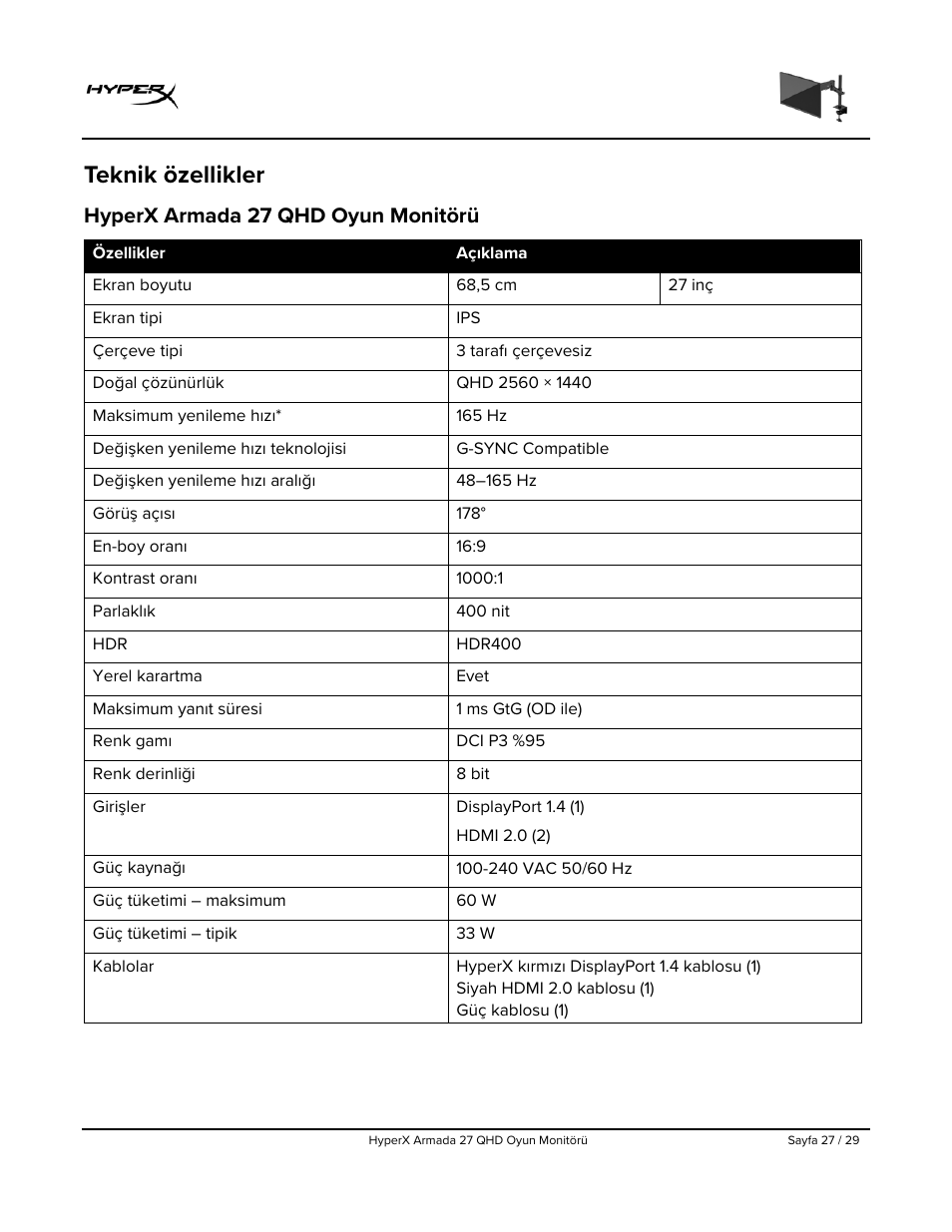 Teknik özellikler, Hyperx armada 27 qhd oyun monitörü | HyperX Armada 27 27" 1440p HDR 165 Hz Gaming Monitor User Manual | Page 270 / 487