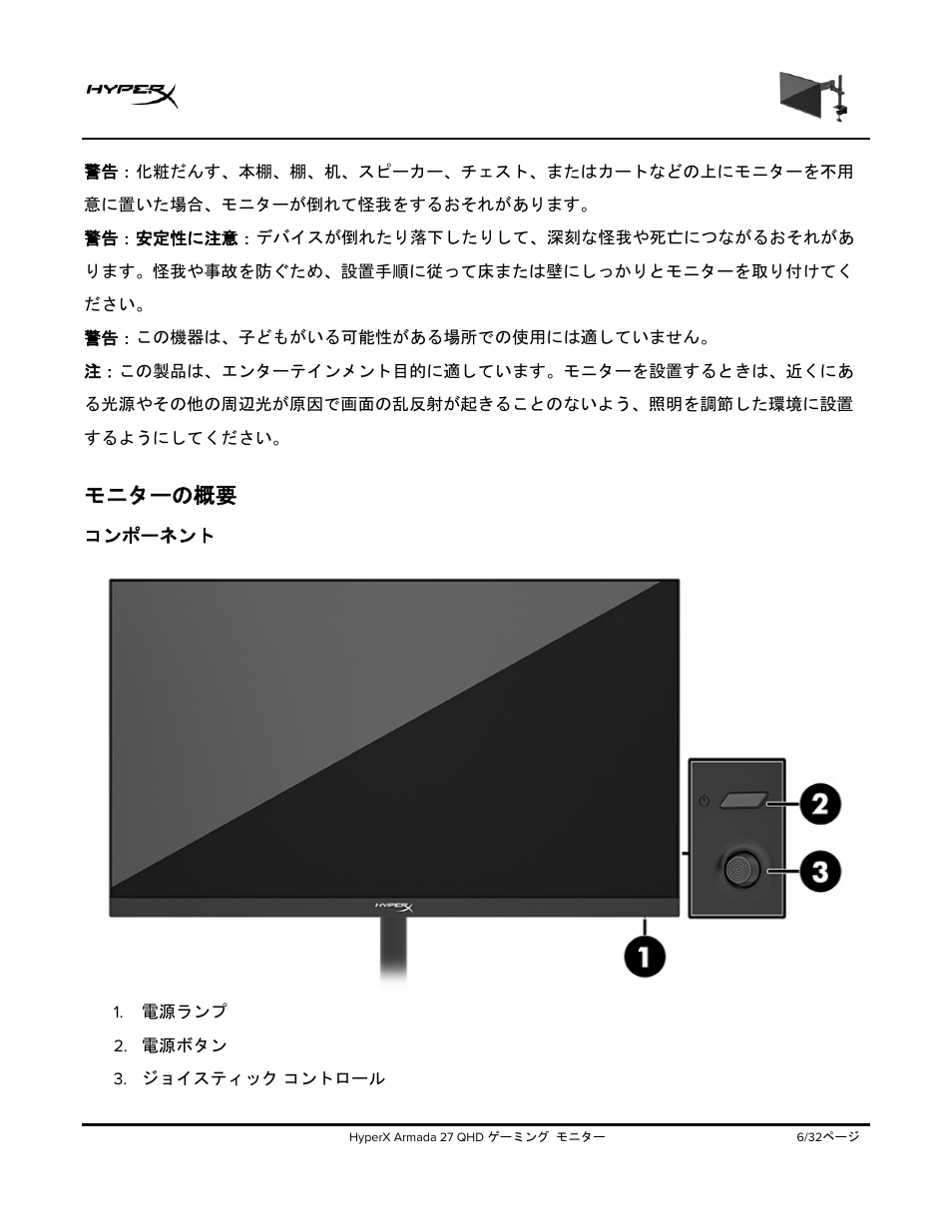 モニターの概要, コンポーネント | HyperX Armada 27 27" 1440p HDR 165 Hz Gaming Monitor User Manual | Page 278 / 487