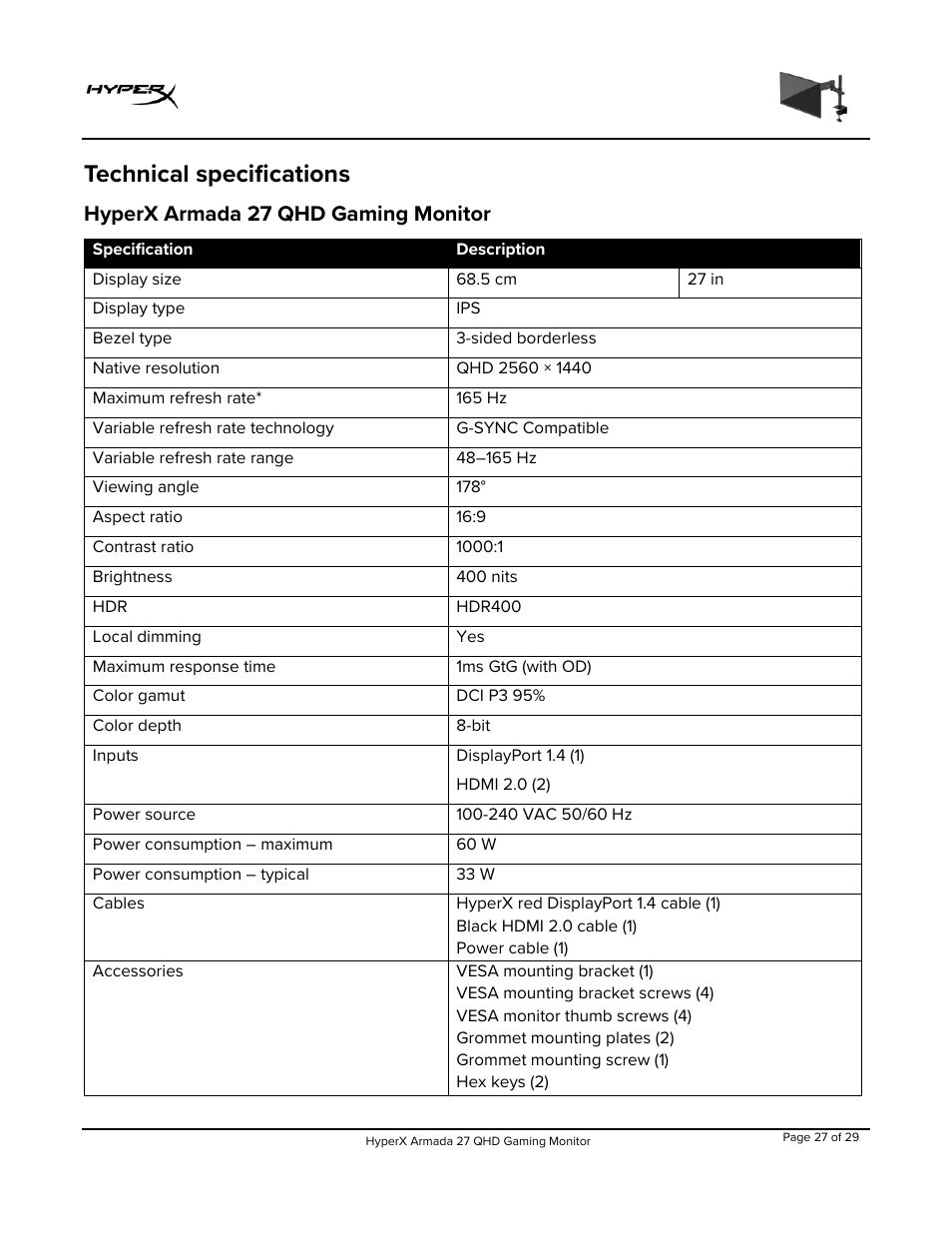 Technical specifications, Hyperx armada 27 qhd gaming monitor | HyperX Armada 27 27" 1440p HDR 165 Hz Gaming Monitor User Manual | Page 28 / 487
