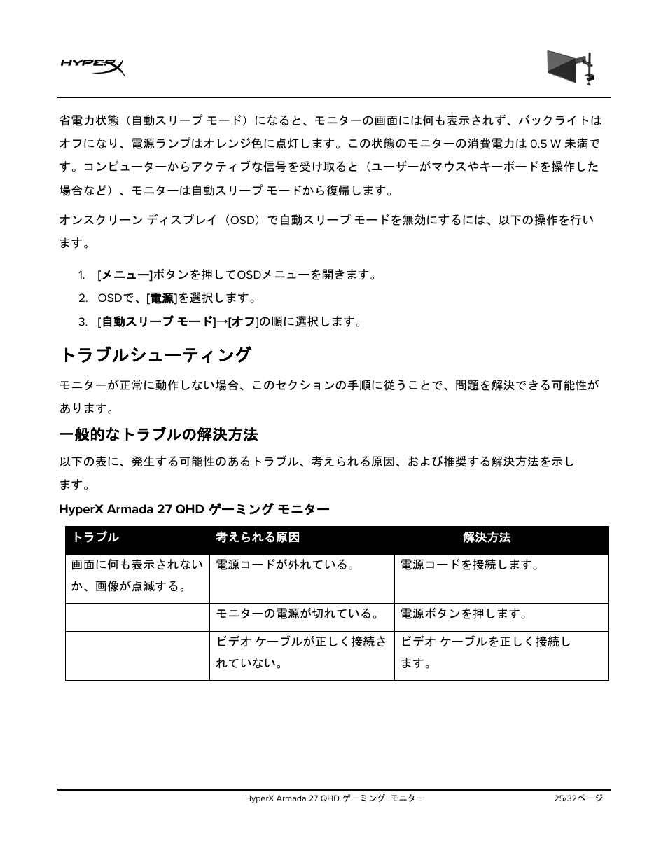 トラブルシューティング, 一般的なトラブルの解決方法, Hyperx armada 27 qhd | ゲーミング, モニター | HyperX Armada 27 27" 1440p HDR 165 Hz Gaming Monitor User Manual | Page 297 / 487