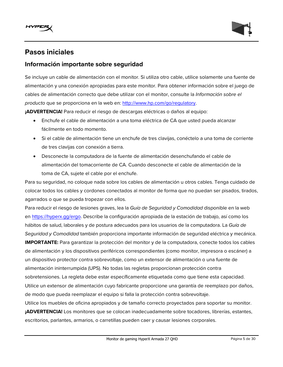 Pasos iniciales, Información importante sobre seguridad | HyperX Armada 27 27" 1440p HDR 165 Hz Gaming Monitor User Manual | Page 35 / 487