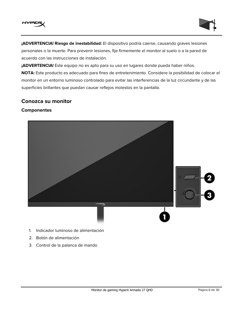Conozca su monitor, Componentes | HyperX Armada 27 27" 1440p HDR 165 Hz Gaming Monitor User Manual | Page 36 / 487