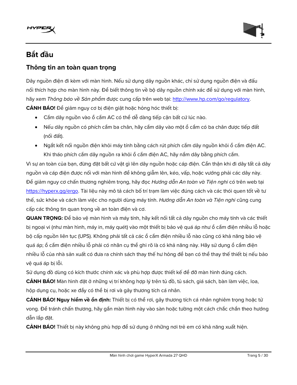 Bắt đầu, Thông tin an toàn quan trọng | HyperX Armada 27 27" 1440p HDR 165 Hz Gaming Monitor User Manual | Page 372 / 487