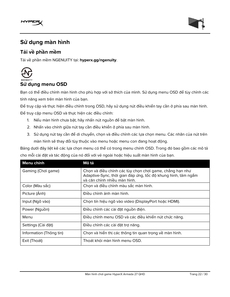 Sử dụng màn hình, Tải về phần mềm, Sử dụng menu osd | HyperX Armada 27 27" 1440p HDR 165 Hz Gaming Monitor User Manual | Page 389 / 487