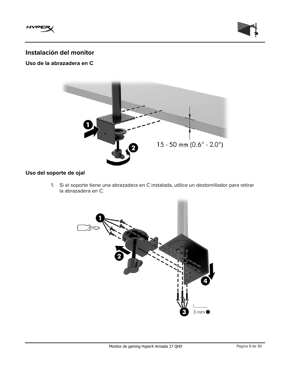 Instalación del monitor, Uso de la abrazadera en c, Uso del soporte de ojal | HyperX Armada 27 27" 1440p HDR 165 Hz Gaming Monitor User Manual | Page 39 / 487