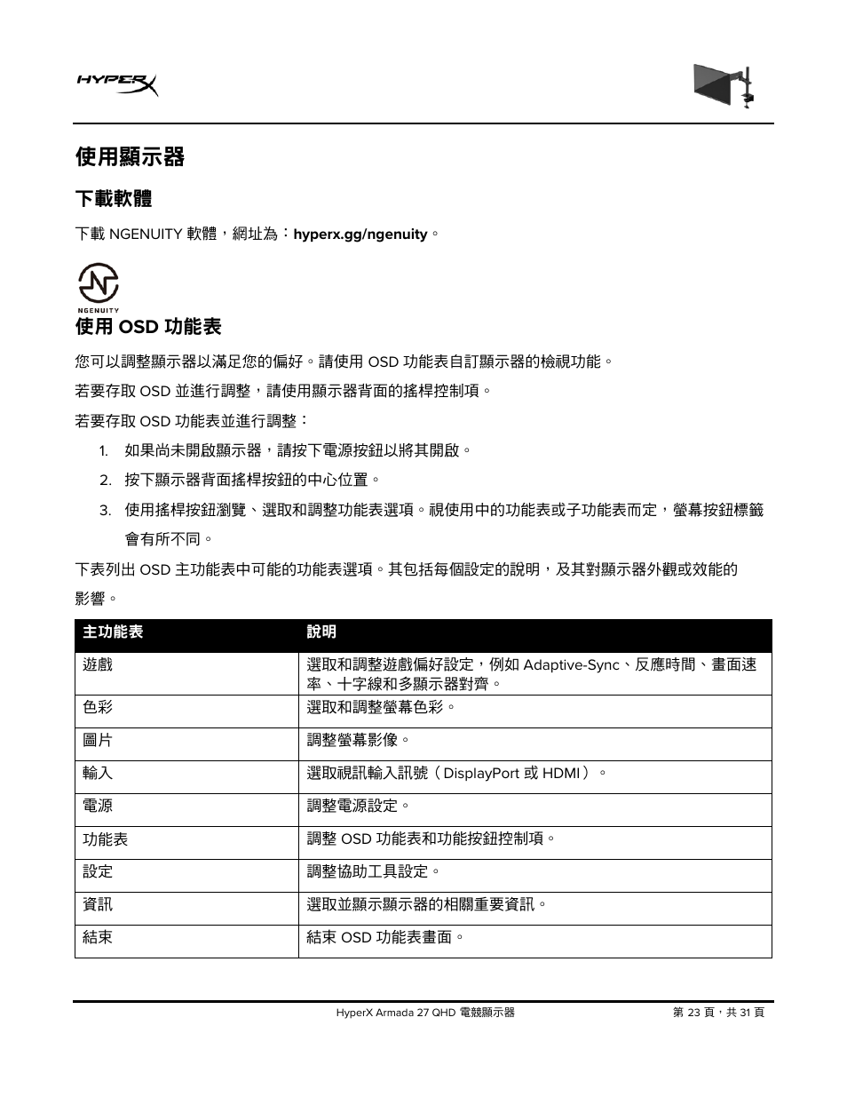 使用顯示器, 下載軟體, 使用 osd 功能表 | HyperX Armada 27 27" 1440p HDR 165 Hz Gaming Monitor User Manual | Page 450 / 487