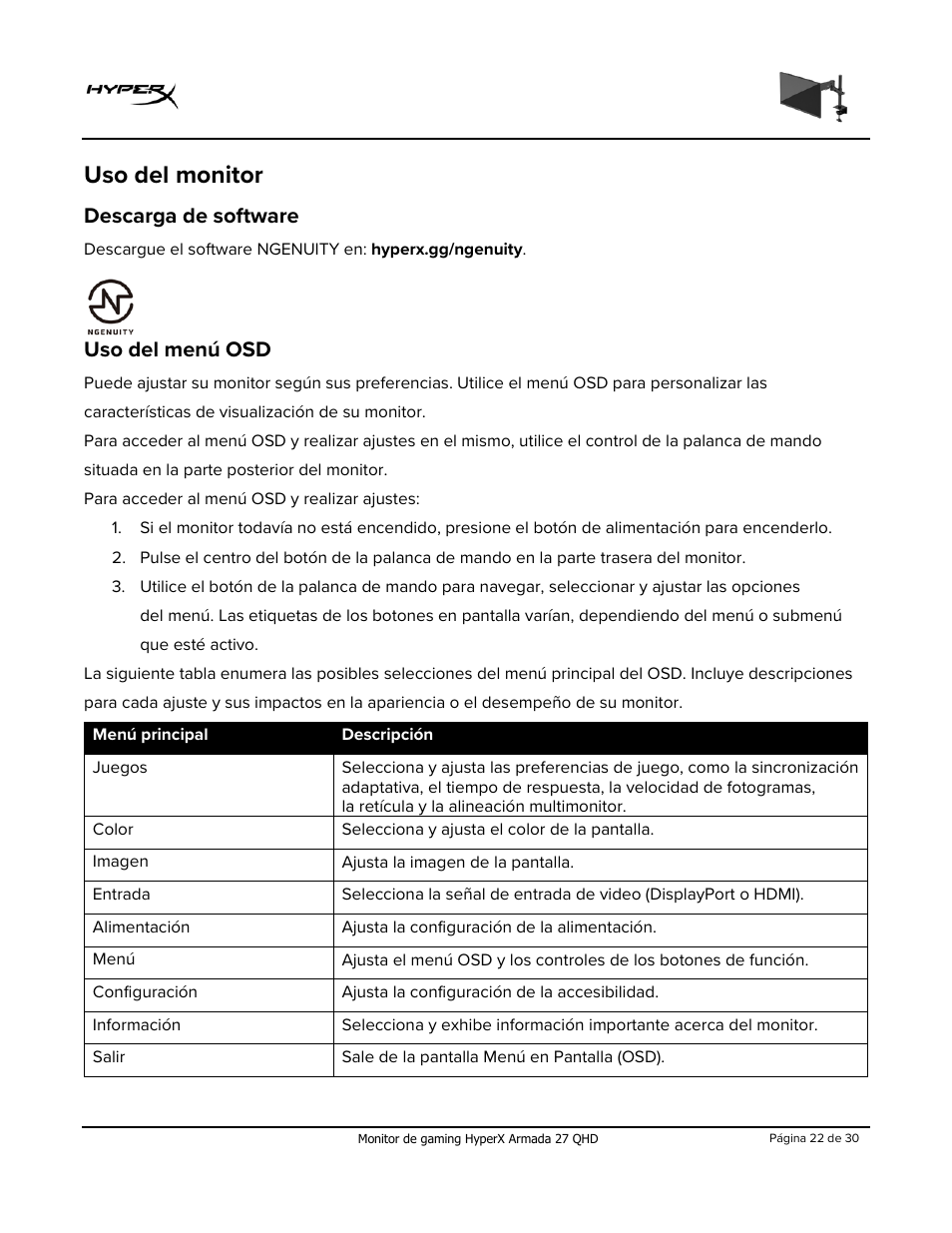 Uso del monitor, Descarga de software, Uso del menú osd | HyperX Armada 27 27" 1440p HDR 165 Hz Gaming Monitor User Manual | Page 52 / 487