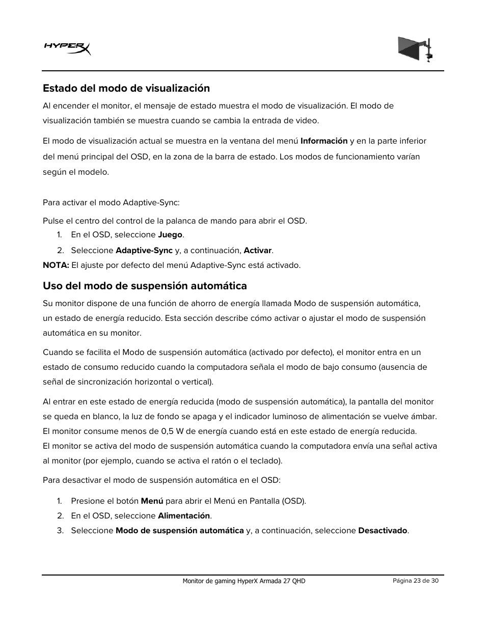 Estado del modo de visualización, Uso del modo de suspensión automática | HyperX Armada 27 27" 1440p HDR 165 Hz Gaming Monitor User Manual | Page 53 / 487