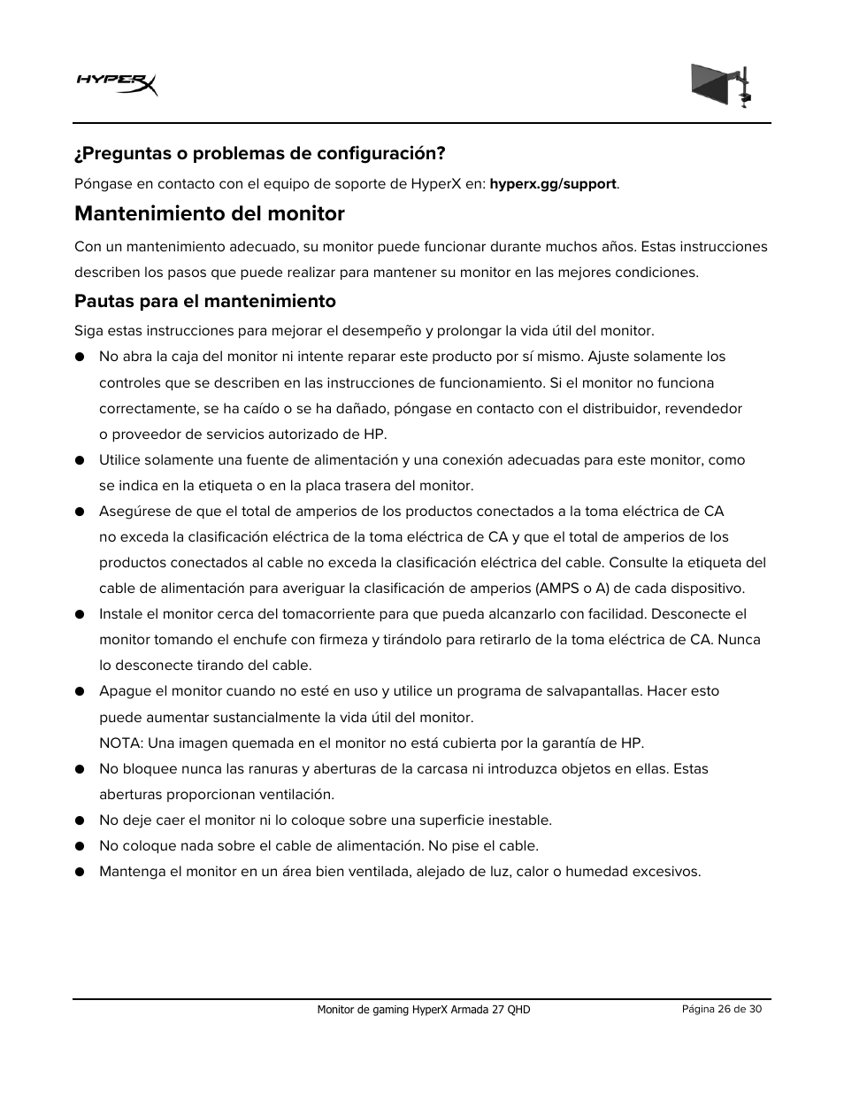 Preguntas o problemas de configuración, Mantenimiento del monitor, Pautas para el mantenimiento | HyperX Armada 27 27" 1440p HDR 165 Hz Gaming Monitor User Manual | Page 56 / 487