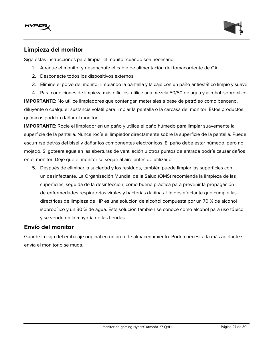 Limpieza del monitor, Envío del monitor | HyperX Armada 27 27" 1440p HDR 165 Hz Gaming Monitor User Manual | Page 57 / 487
