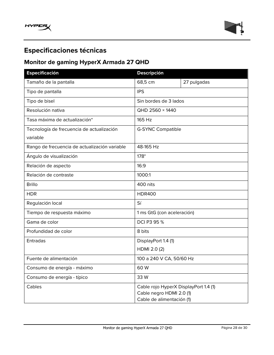 Especificaciones técnicas, Monitor de gaming hyperx armada 27 qhd | HyperX Armada 27 27" 1440p HDR 165 Hz Gaming Monitor User Manual | Page 58 / 487