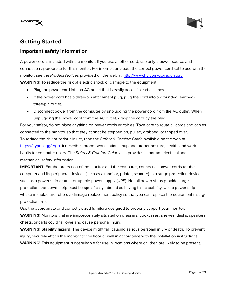 Getting started, Important safety information | HyperX Armada 27 27" 1440p HDR 165 Hz Gaming Monitor User Manual | Page 6 / 487