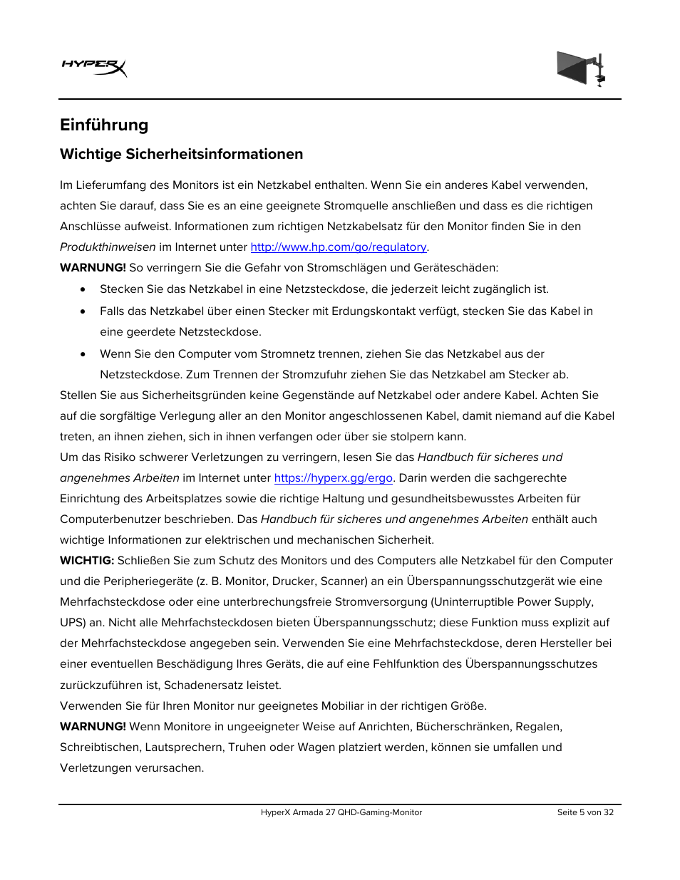 Einführung, Wichtige sicherheitsinformationen | HyperX Armada 27 27" 1440p HDR 165 Hz Gaming Monitor User Manual | Page 65 / 487