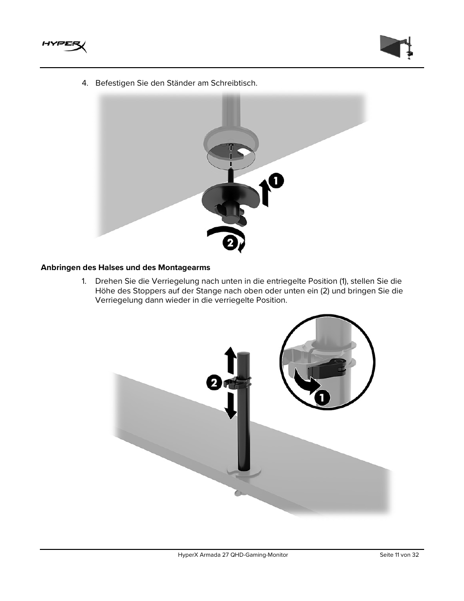 Anbringen des halses und des montagearms | HyperX Armada 27 27" 1440p HDR 165 Hz Gaming Monitor User Manual | Page 71 / 487