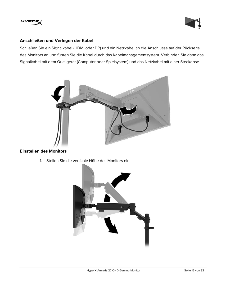 Anschließen und verlegen der kabel, Einstellen des monitors | HyperX Armada 27 27" 1440p HDR 165 Hz Gaming Monitor User Manual | Page 76 / 487