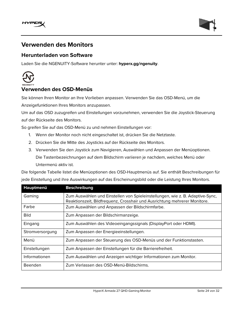 Verwenden des monitors, Herunterladen von software, Verwenden des osd-menüs | HyperX Armada 27 27" 1440p HDR 165 Hz Gaming Monitor User Manual | Page 84 / 487