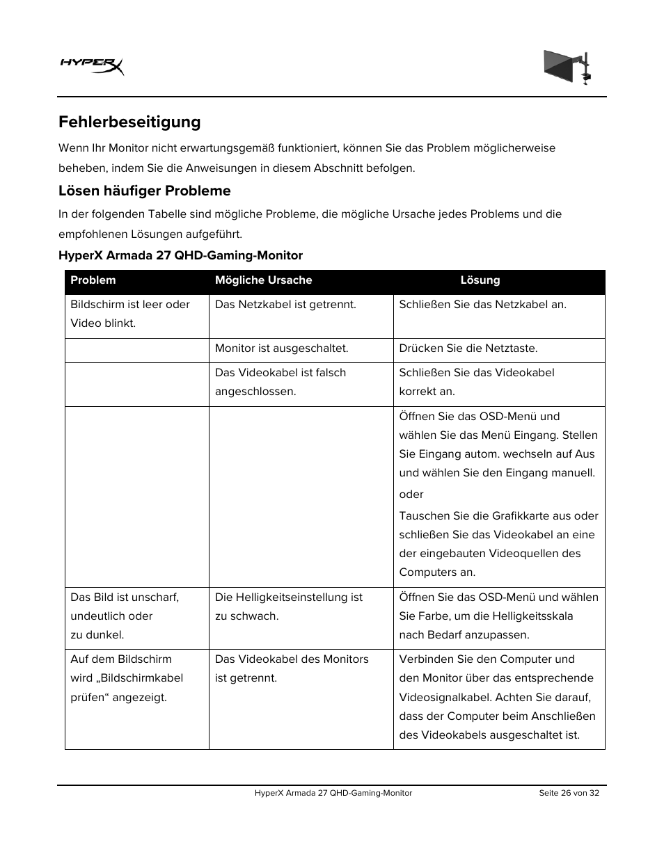 Fehlerbeseitigung, Lösen häufiger probleme, Hyperx armada 27 qhd-gaming-monitor | HyperX Armada 27 27" 1440p HDR 165 Hz Gaming Monitor User Manual | Page 86 / 487