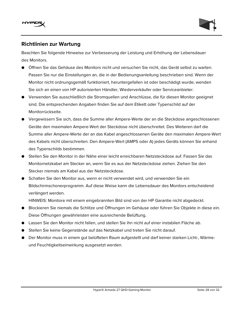 Richtlinien zur wartung | HyperX Armada 27 27" 1440p HDR 165 Hz Gaming Monitor User Manual | Page 88 / 487