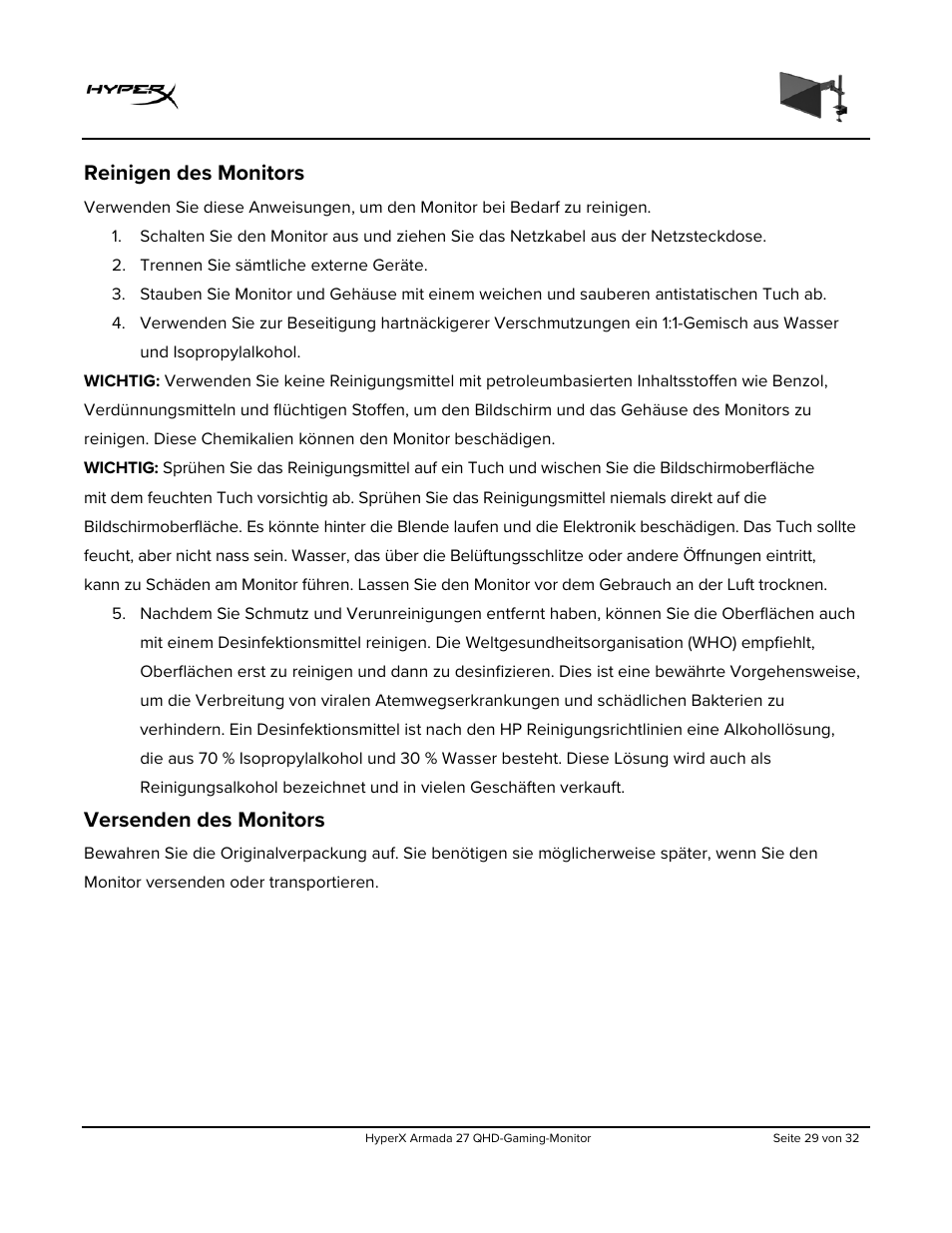Reinigen des monitors, Versenden des monitors | HyperX Armada 27 27" 1440p HDR 165 Hz Gaming Monitor User Manual | Page 89 / 487