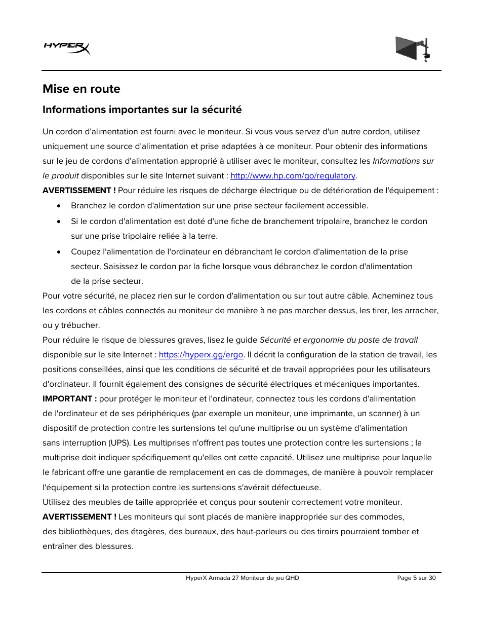 Mise en route, Informations importantes sur la sécurité | HyperX Armada 27 27" 1440p HDR 165 Hz Gaming Monitor User Manual | Page 97 / 487