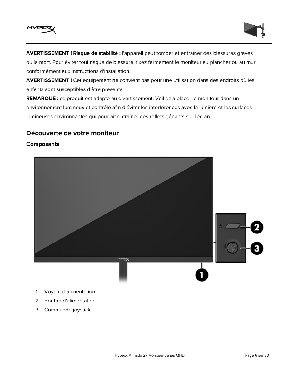 Découverte de votre moniteur, Composants | HyperX Armada 27 27" 1440p HDR 165 Hz Gaming Monitor User Manual | Page 98 / 487