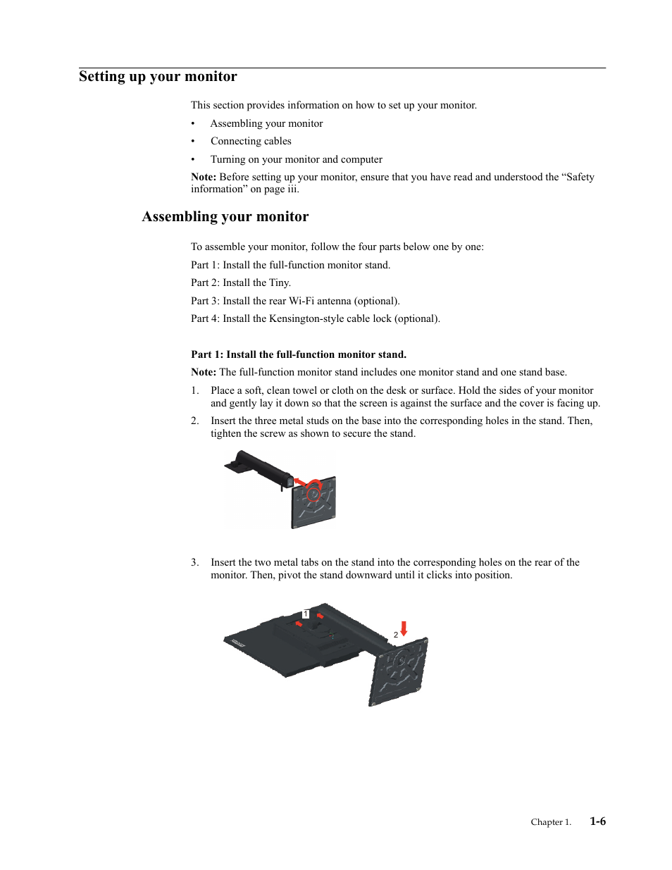 Setting up your monitor, Assembling your monitor, Setting up your monitor -6 | Assembling your monitor -6 | Lenovo ThinkCentre Tiny-In-One 22 Gen 4 21.5" 16:9 Video Conferencing FHD IPS Monitor User Manual | Page 12 / 54
