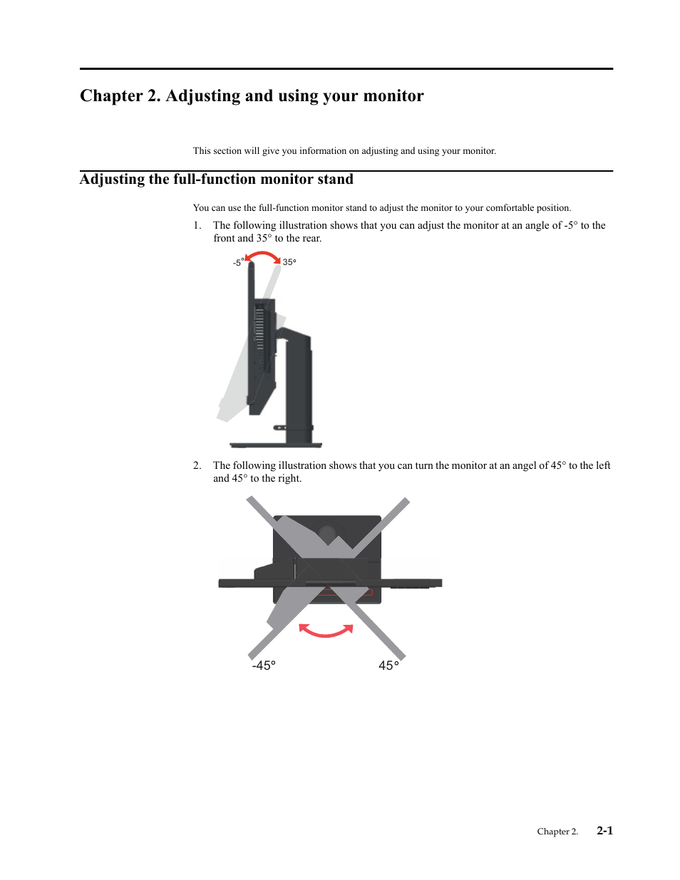 Chapter 2. adjusting and using your monitor, Adjusting the full-function monitor stand, Adjusting the full-function monitor stand -1 | Lenovo ThinkCentre Tiny-In-One 22 Gen 4 21.5" 16:9 Video Conferencing FHD IPS Monitor User Manual | Page 20 / 54