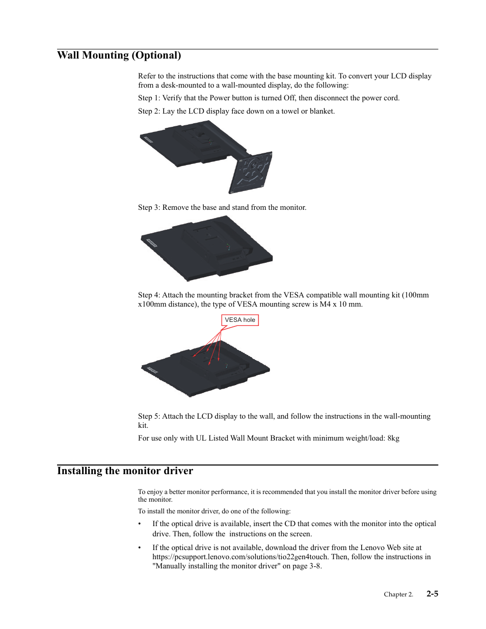 Wall mounting (optional), Installing the monitor driver | Lenovo ThinkCentre Tiny-In-One 22 Gen 4 21.5" 16:9 Video Conferencing FHD IPS Monitor User Manual | Page 24 / 54