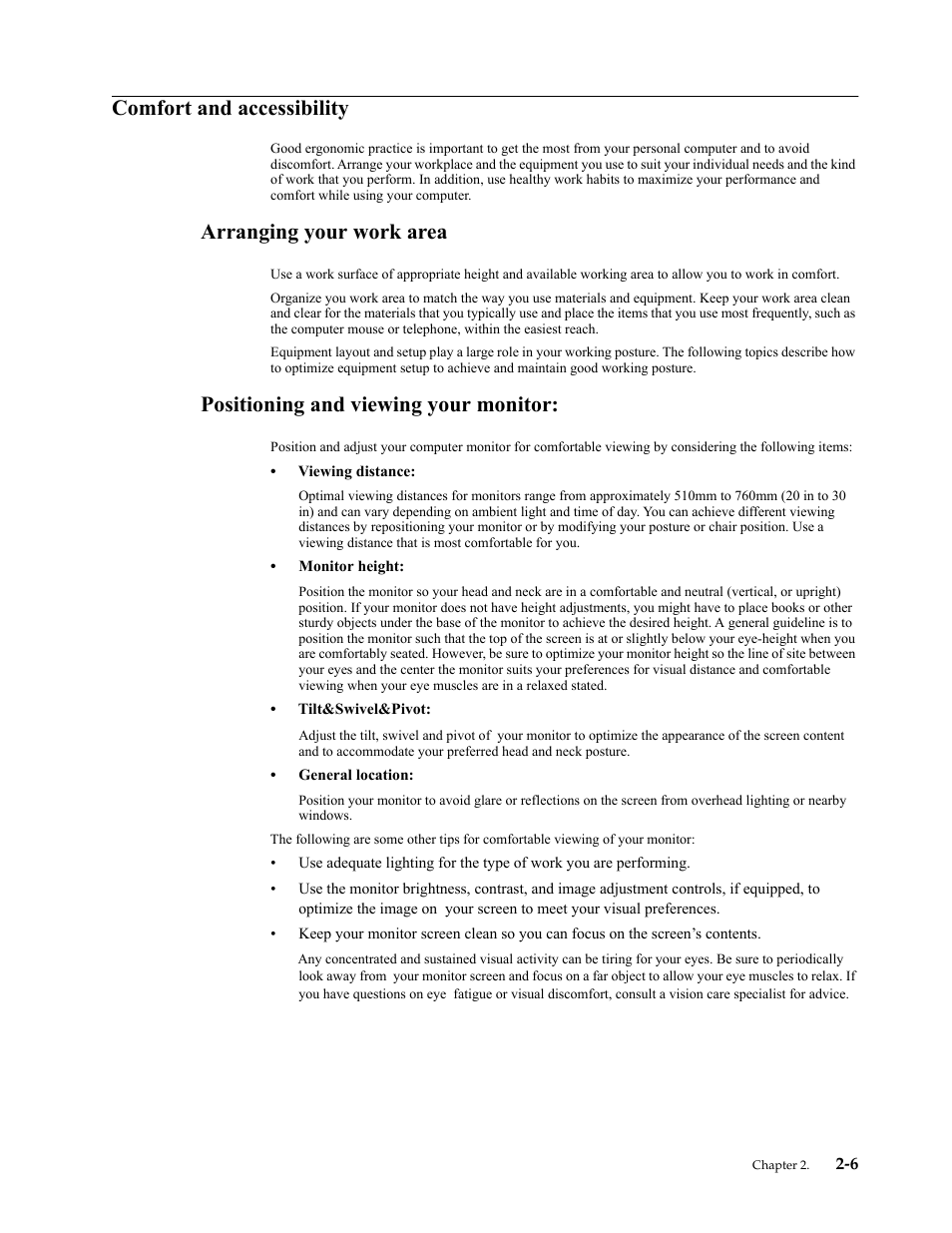 Comfort and accessibility, Arranging your work area, Positioning and viewing your monitor | Comfort and accessibility -6 | Lenovo ThinkCentre Tiny-In-One 22 Gen 4 21.5" 16:9 Video Conferencing FHD IPS Monitor User Manual | Page 25 / 54