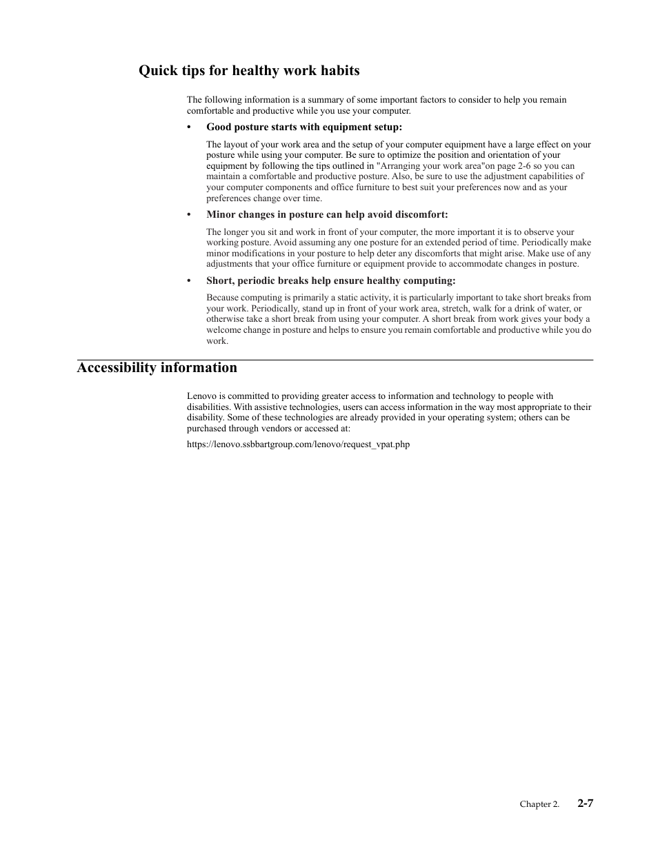 Quick tips for healthy work habits, Accessibility information, Quick tips for healthy work habits -7 | Accessibility information -7 | Lenovo ThinkCentre Tiny-In-One 22 Gen 4 21.5" 16:9 Video Conferencing FHD IPS Monitor User Manual | Page 26 / 54