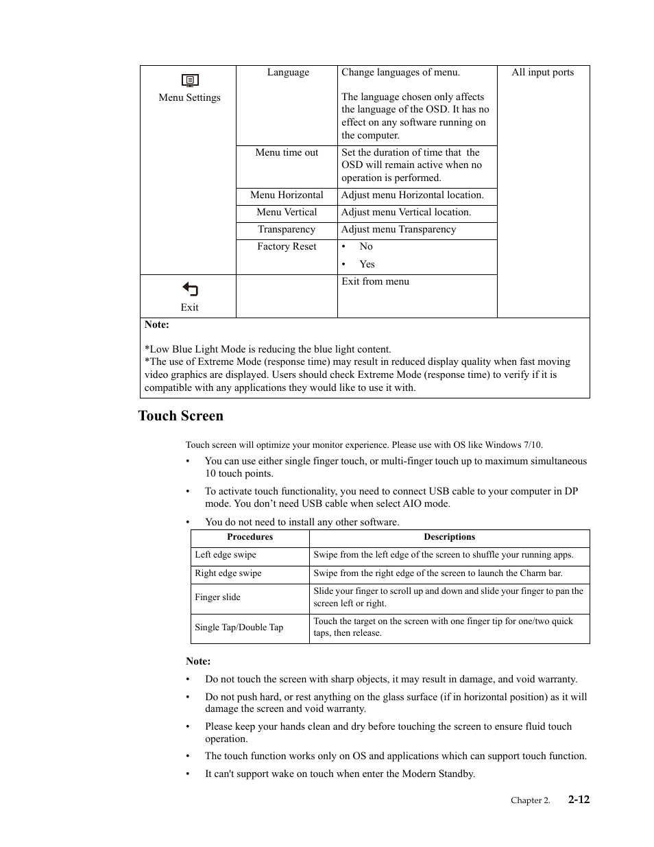 Touch screen, Touch screen -12 | Lenovo ThinkCentre Tiny-In-One 22 Gen 4 21.5" 16:9 Video Conferencing FHD IPS Monitor User Manual | Page 31 / 54