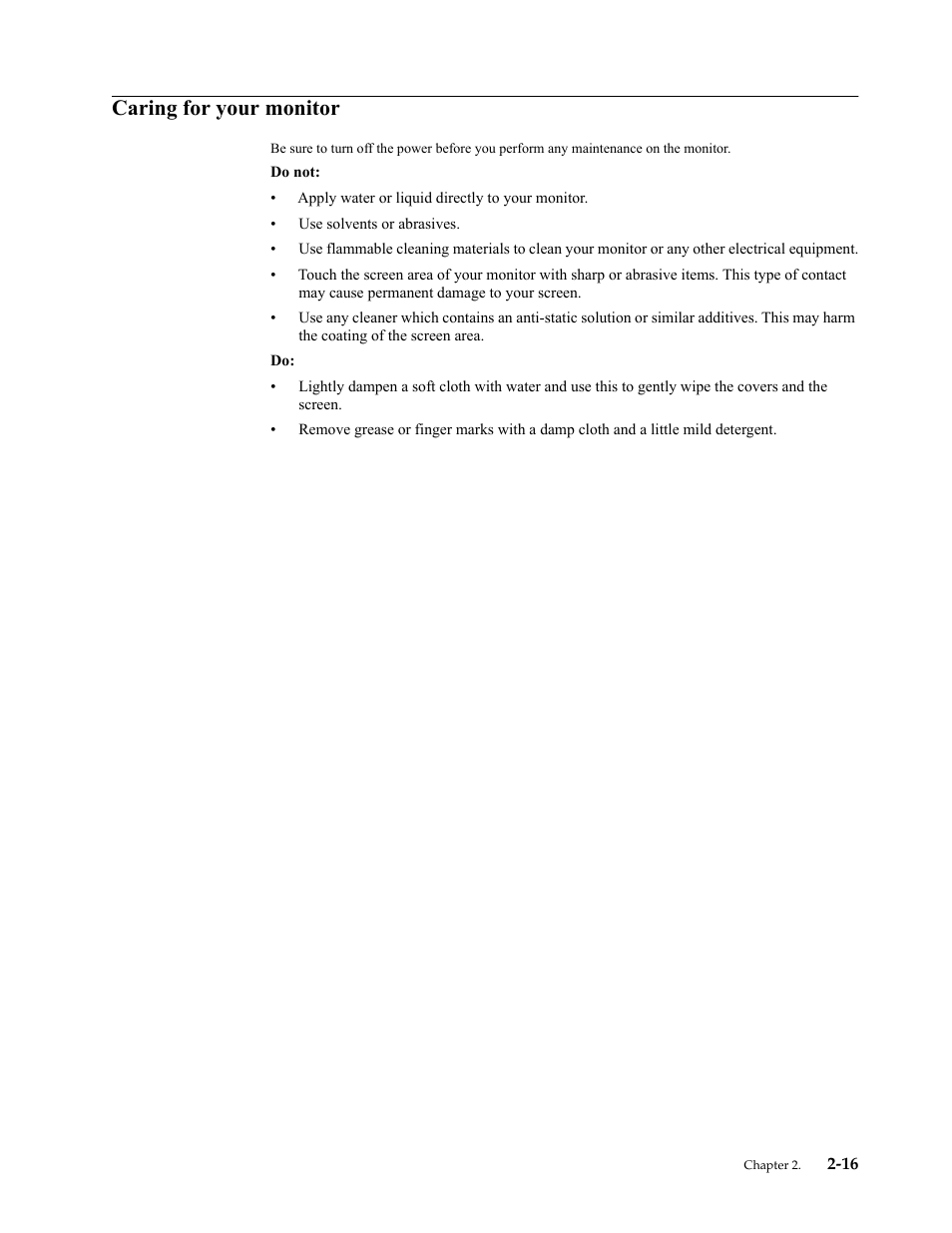 Caring for your monitor, Caring for your monitor -16 | Lenovo ThinkCentre Tiny-In-One 22 Gen 4 21.5" 16:9 Video Conferencing FHD IPS Monitor User Manual | Page 35 / 54