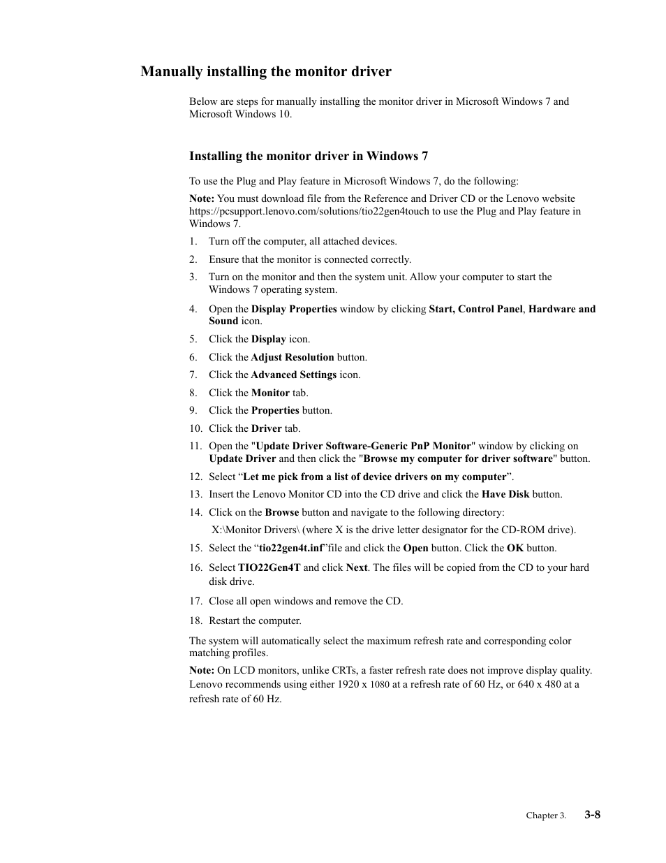Manually installing the monitor driver, Installing the monitor driver in windows 7, Manually installing the monitor driver -8 | Installing the monitor driver in windows 7 -8 | Lenovo ThinkCentre Tiny-In-One 22 Gen 4 21.5" 16:9 Video Conferencing FHD IPS Monitor User Manual | Page 43 / 54