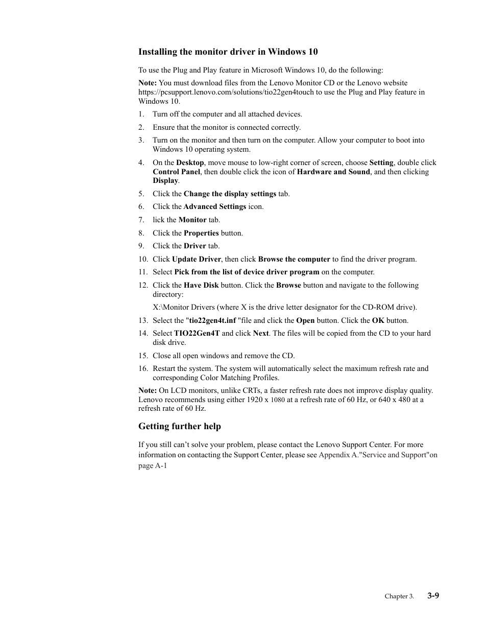 Installing the monitor driver in windows 10, Getting further help | Lenovo ThinkCentre Tiny-In-One 22 Gen 4 21.5" 16:9 Video Conferencing FHD IPS Monitor User Manual | Page 44 / 54