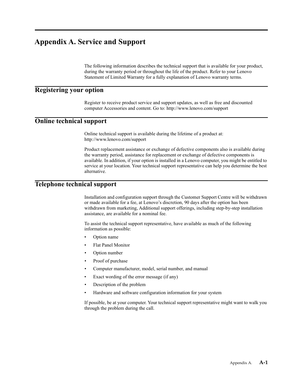 Appendix a. service and support, Registering your option, Online technical support | Telephone technical support | Lenovo ThinkCentre Tiny-In-One 22 Gen 4 21.5" 16:9 Video Conferencing FHD IPS Monitor User Manual | Page 47 / 54