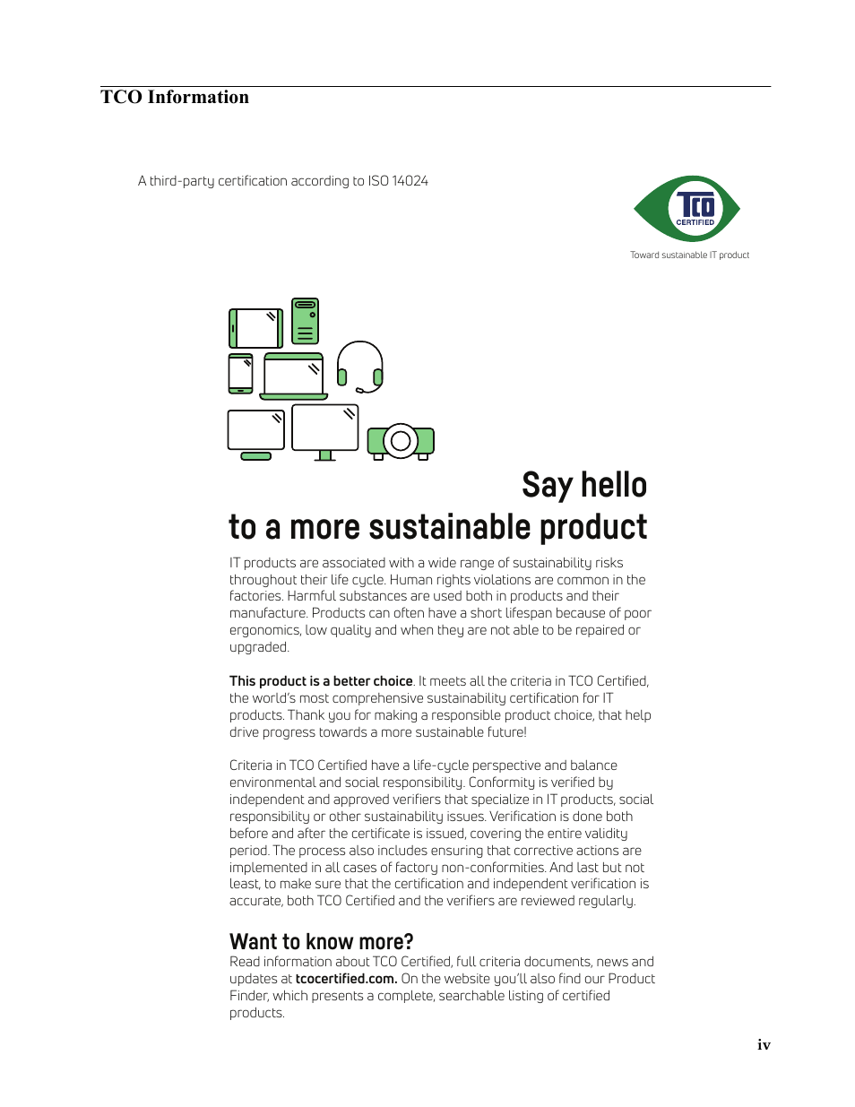 Tco information, Say hello to a more sustainable product, Want to know more | Lenovo ThinkCentre Tiny-In-One 22 Gen 4 21.5" 16:9 Video Conferencing FHD IPS Monitor User Manual | Page 5 / 54