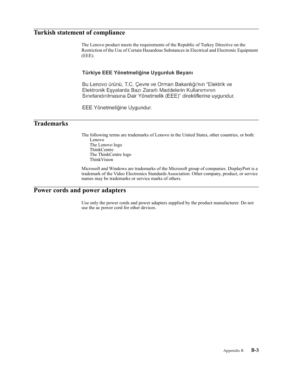 Turkish statement of compliance, Trademarks, Power cords and power adapters | Lenovo ThinkCentre Tiny-In-One 22 Gen 4 21.5" 16:9 Video Conferencing FHD IPS Monitor User Manual | Page 53 / 54