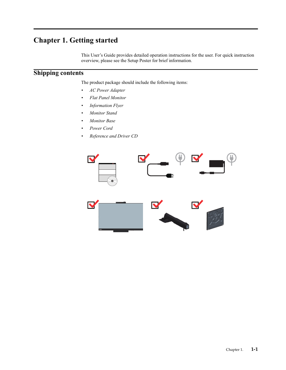 Chapter 1. getting started, Shipping contents, Shipping contents -1 | Lenovo ThinkCentre Tiny-In-One 22 Gen 4 21.5" 16:9 Video Conferencing FHD IPS Monitor User Manual | Page 7 / 54
