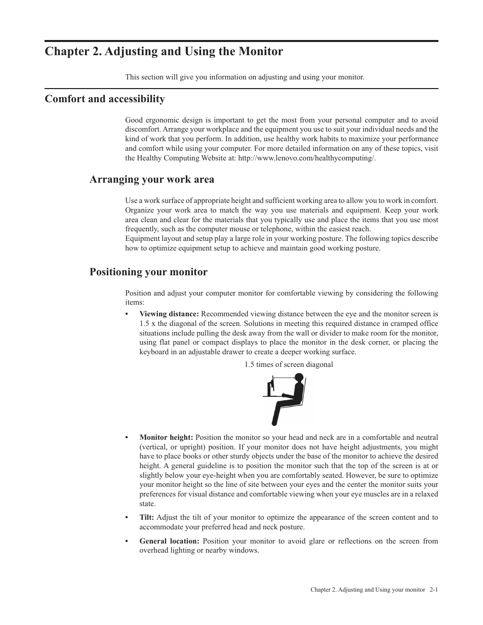 Chapter 2. adjusting and using the monitor, Comfort and accessibility, Arranging your work area | Positioning your monitor, Chapter 2. adjusting and using the monitor -1, Comfort and accessibility -1, Arranging your work area -1, Positioning your monitor -1 | Lenovo ThinkVision 29" Ultrawide Monitor User Manual | Page 16 / 39