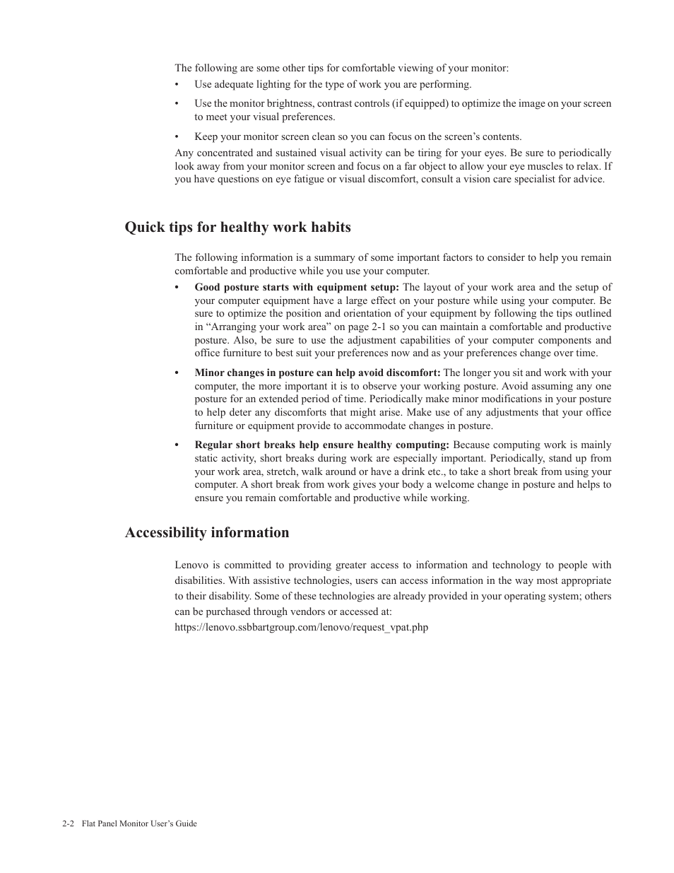 Quick tips for healthy work habits, Accessibility information, Quick tips for healthy work habits -2 | Accessibility information -2 | Lenovo ThinkVision 29" Ultrawide Monitor User Manual | Page 17 / 39