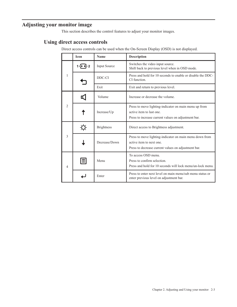 Adjusting your monitor image, Using direct access controls, Adjusting your monitor image -3 | Using direct access controls -3 | Lenovo ThinkVision 29" Ultrawide Monitor User Manual | Page 18 / 39