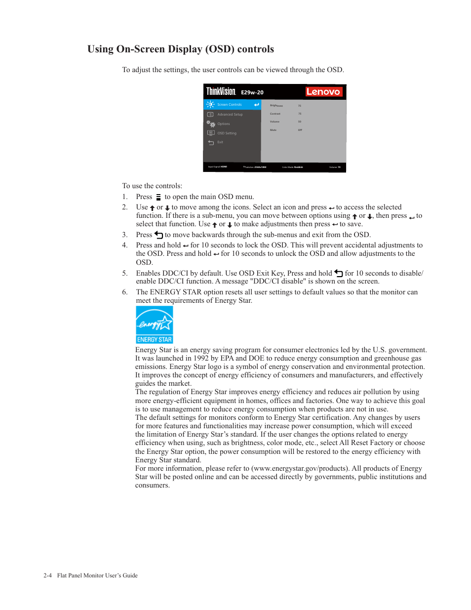 Using on-screen display (osd) controls, Using on-screen display (osd) controls -4 | Lenovo ThinkVision 29" Ultrawide Monitor User Manual | Page 19 / 39